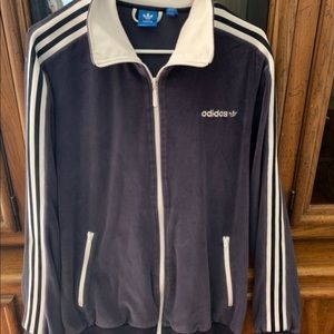 Adidas velour men’s zip up white stripe jacket